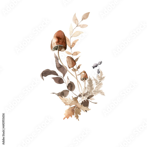 Fototapeta Naklejka Na Ścianę i Meble -  Watercolor floral bouquet. Hand painted autumn composition of forest leaves, fern, fall dried leaf, mushrooms, isolated on white background. illustration for card design, harvest print