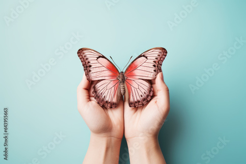 Open Hand Releasing Freedom monarch butterfly fly, Care and peace symbol concept