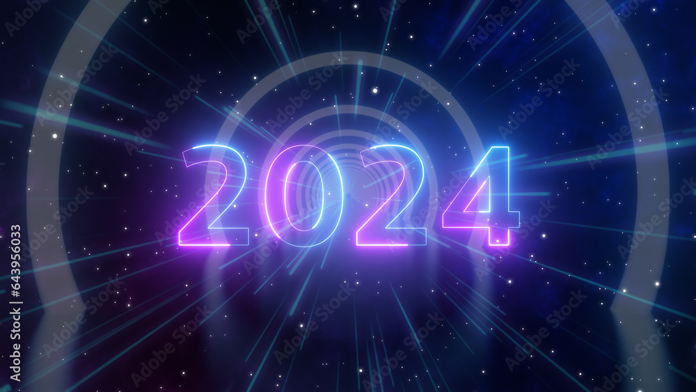2024 motion of glowing neon ring and dark galaxy star background. Cyber Futuristic High Speed light zoom. Circles laser show fashion. Backdrop beam blur Flare.Abstract Light fast night with way space