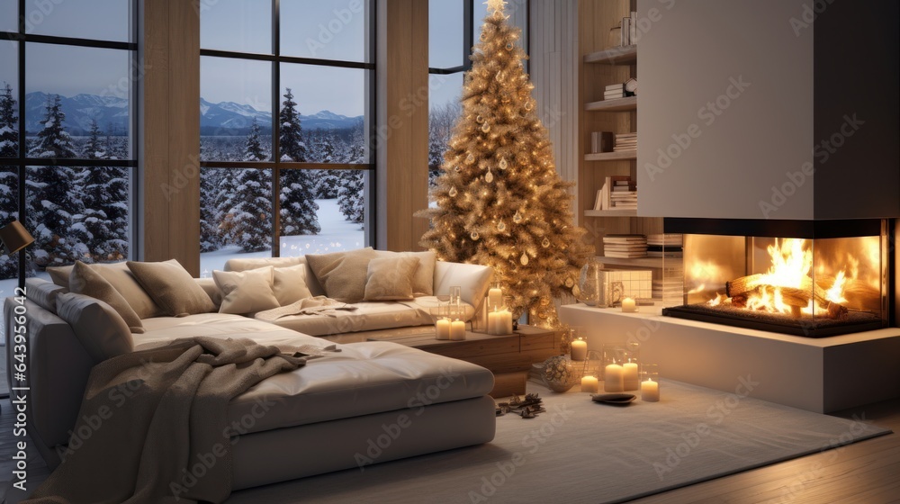 Fototapeta premium Interior of modern minimalist white living room with Christmas decor. Blazing fireplace, burning candles, elegant Christmas tree, comfortable corner sofa with cushions, large windows with forest view.