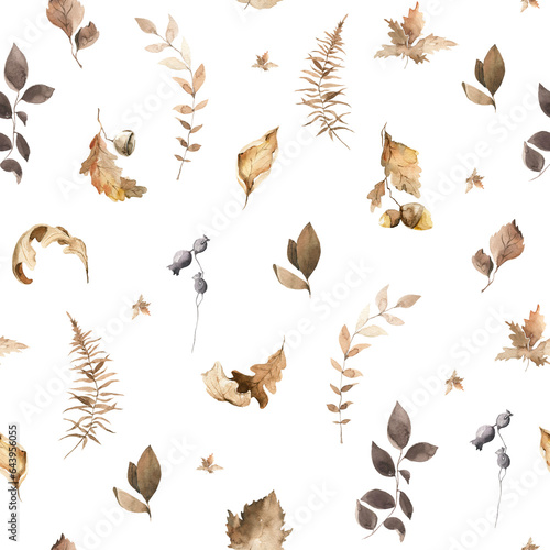 Watercolor floral seamless pattern. Hand painted autumn forest leaves, fern, fall leaf, isolated on white background. illustration for card design, harvest print, textile, fabric