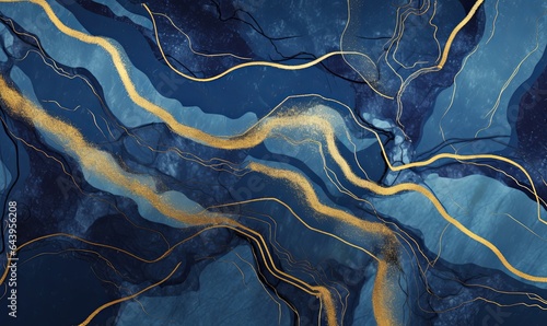 abstract background blue marble agate granite mosaic with golden veins, japanese kintsugi technique, fake painted artificial stone texture, marbled surface, digital marbling, Generative AI photo