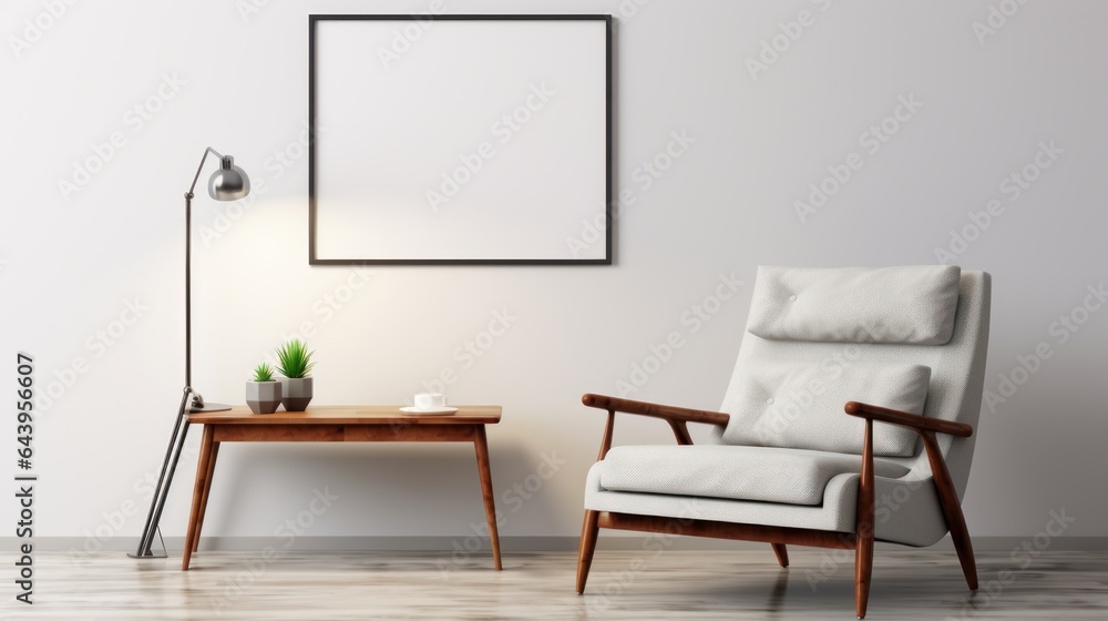 Front view of a modern minimalist scandi living room. White wall with poster template, comfortable armchair, coffee table, floor lamp, houseplants. Home decor. Mockup, 3D rendering. Front view of a modern minimalist scandi living room. White wall with poster template, comfortable armchair, coffee table, floor lamp, houseplants. Home decor. Mockup, 3D rendering.
