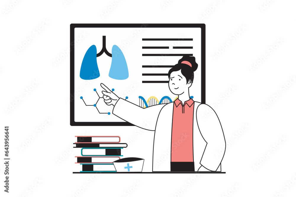 Medical service concept with people scene in flat web design. Woman shows at lungs on presentation and speaks at scientific conference. Vector illustration for social media banner, marketing material. Medical service concept with people scene in flat web design. Woman shows at lungs on presentation and speaks at scientific conference. Vector illustration for social media banner, marketing material.