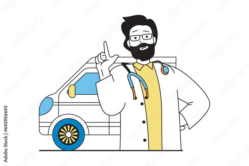 Medical service concept with people scene in flat web design. Doctor works on ambulance car and provides first aid to ill patients. Vector illustration for social media banner, marketing material. Medical service concept with people scene in flat web design. Doctor works on ambulance car and provides first aid to ill patients. Vector illustration for social media banner, marketing material.