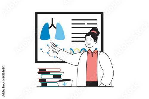 Medical service concept with people scene in flat web design. Woman shows at lungs on presentation and speaks at scientific conference. Vector illustration for social media banner, marketing material.