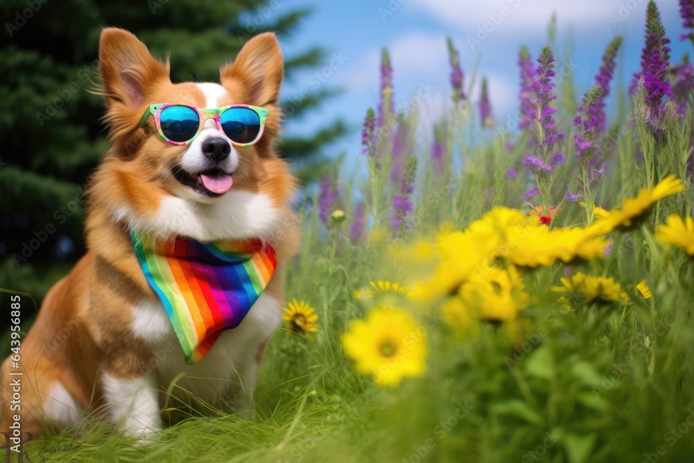 a corgi wearing rainbow sunglasses, standing in a meadow with flowers a corgi wearing rainbow sunglasses, standing in a meadow with flowers