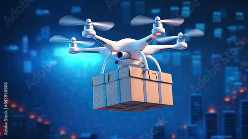 Futuristic illustration of a drone delivering a package with the night city on the background. For banners and other promotional projects about modern fast shopping delivery.
