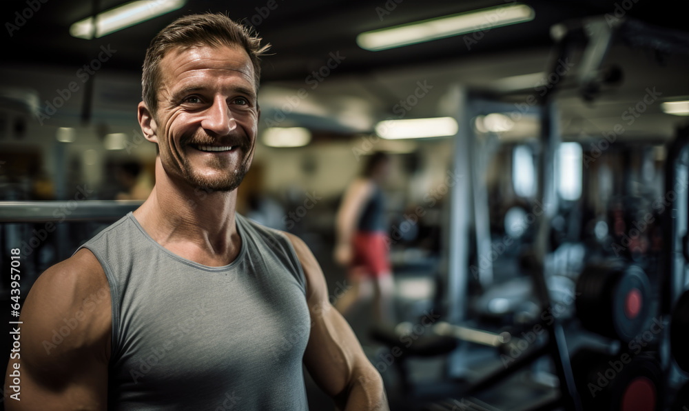 Naklejka premium Portrait of happy and healthy looking man working out in gym, fitness concept. Healthy lifestyle.