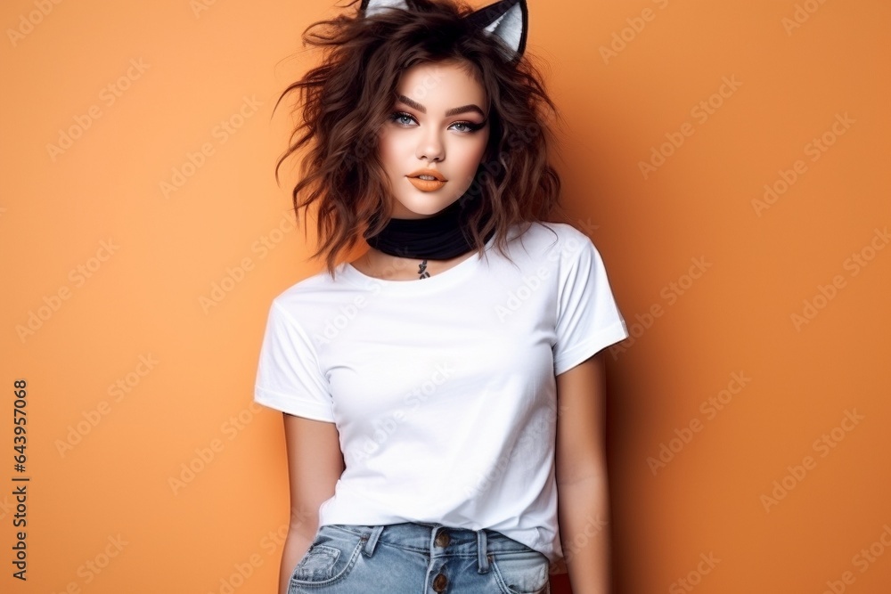 female model wearing white tshirt with halloween themed background for mock up female model wearing white tshirt with halloween themed background for mock up