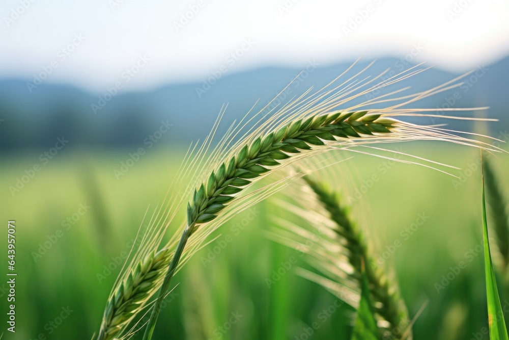 close-up shot of a wheat ear against a blurred green field close-up shot of a wheat ear against a blurred green field