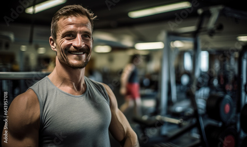 Portrait of happy and healthy looking man working out in gym  fitness concept. Healthy lifestyle.