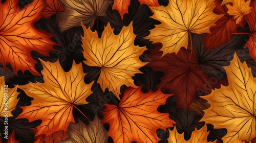 Background of colored wet autumnal maple leaves in a morning 