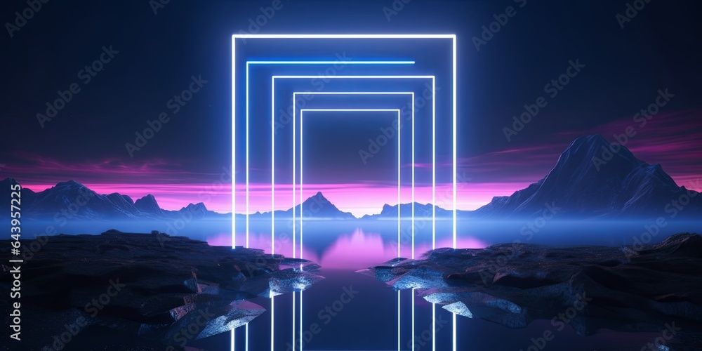 3d render, abstract neon background with glowing geometric shapes and seascape, terrain panoramic view, fantastic virtual reality wallpaper, Generative AI