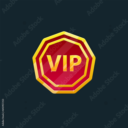 Game UI Nonagon Icon Of VIP Coin For Casino Or Slot Or Reward Badge Page Winner GUI Glossy Glamour Golden Luxury Burgundy Red Vector Design