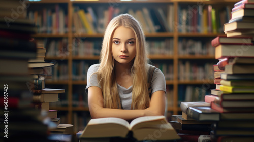Schoolgirl sits among stacks of books in the library