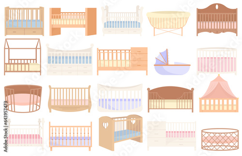 Different wooden baby crib bed furniture assortment for newborn child bedroom interior isolated set