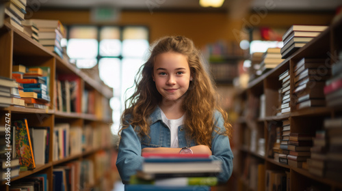 Schoolgirl sits among stacks of books in the library
