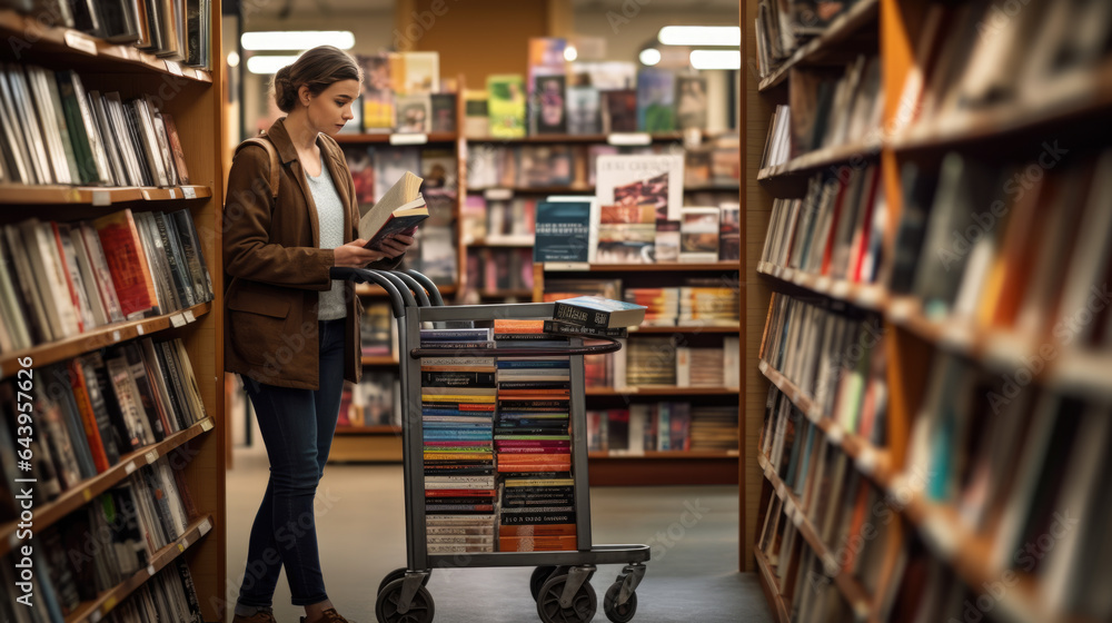 Woman librarian with a cart full of books in the background of the library Woman librarian with a cart full of books in the background of the library