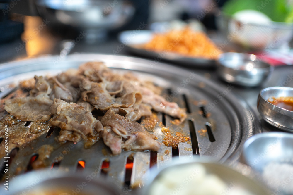 Close up of Korean grilled meat barbecue. Traditional Korean grilled