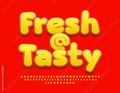 Vector advertising emblem Fresh and Tasty. Modern Cute Font. Bright creative Alphabet Letters, Numbers and Symbols