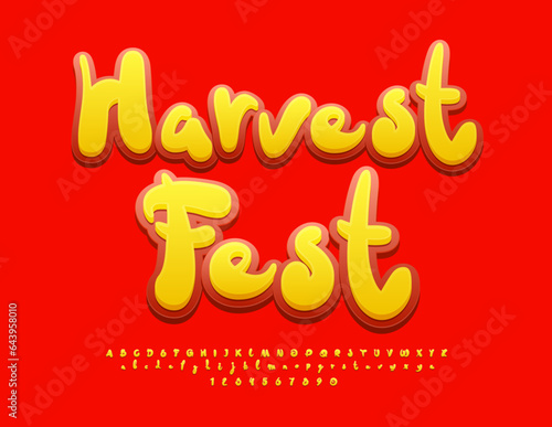 Vector bright flyer Harvest Fest. Artistic Re and Yellow Font. Creative Alphabet Letters and Numbers  set