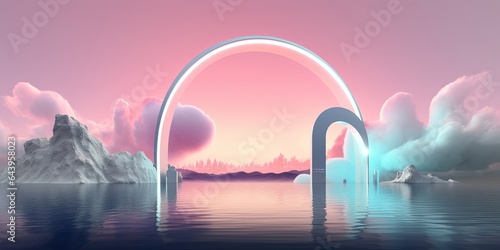 3d render, abstract panoramic background. Fantastic landscape with water, rocks, mirror arch, neon frame and cloud. Pastel gradient sky. Modern minimal aesthetic, Generative AI