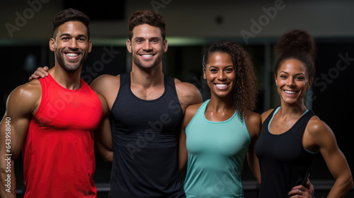 Group of athletic men and women stand together in the background of a gym