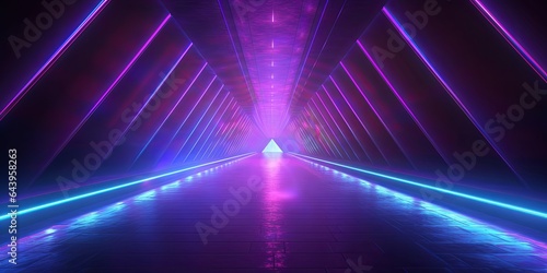 3d render, abstract colorful neon background, triangular tunnel illuminated with ultraviolet light, Generative AI
