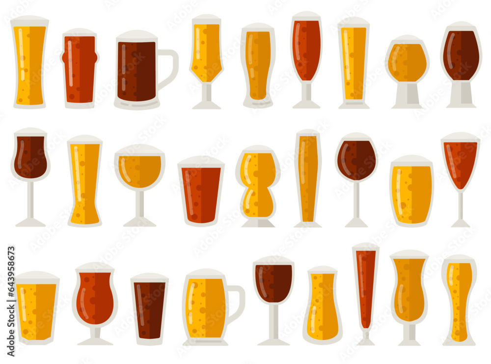Different beer glasses, mug and pint cup with foamy alcohol craft drink lager or ale isolated set Different beer glasses, mug and pint cup with foamy alcohol craft drink lager or ale isolated set