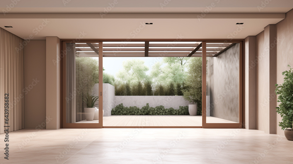Modern interior with large sliding patio doors, Naturalist conceptual minimalism, Empty room | Generative AI Modern interior with large sliding patio doors, Naturalist conceptual minimalism, Empty room | Generative AI