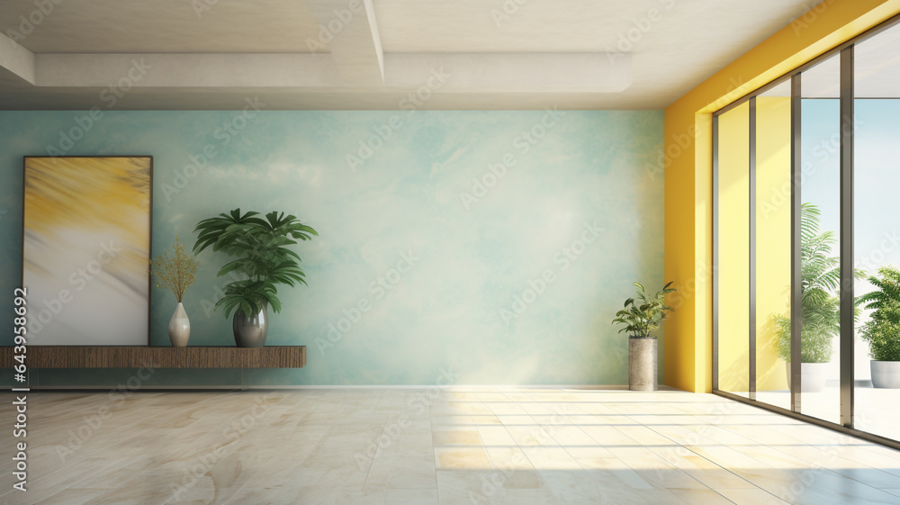 Bright sunny contemporary empty room, Yellow accent wall, Clean modern interior design | Generative AI