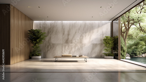 Modern living room with white marble wall, Contemporary bright interior design, Minimalist luxury home | Generative AI