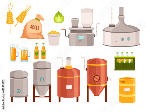Beer brewing equipment, malt bag sack and spikelet, bottled craft drink isolated private brewery set