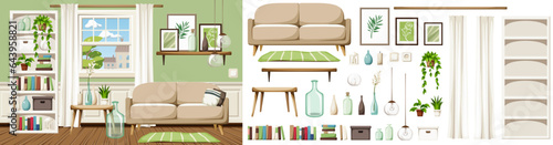 Living room interior with green walls, a sofa, a white bookcase, a window, and houseplants. Cozy room interior design. Furniture set. Interior constructor. Cartoon vector illustration