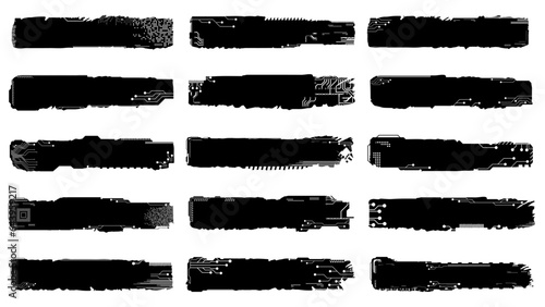 Set of silhouettes rectangular design elements in tech style isolated on white. Tech plates with copy space. Clipart.
