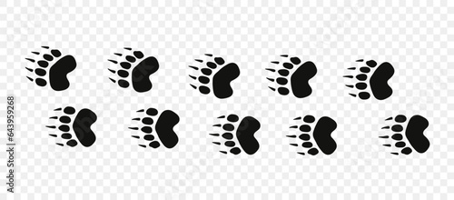 Footpath trail of animal. Bear paws. Bear paws walking randomly print vector isolated on white background.