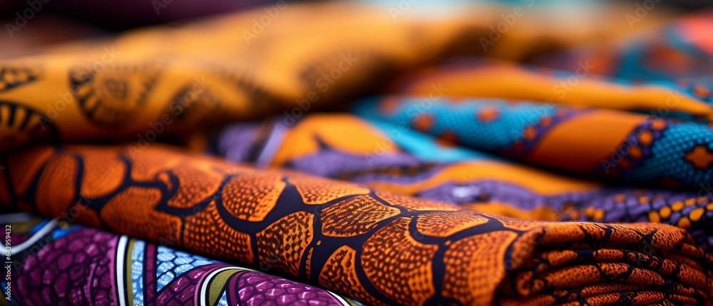 Kolorowe materiały na uszycie chitenge, kitenge. Afrykanskie ubranie. Wzorzyste tło. - obrazy, fototapety, plakaty 