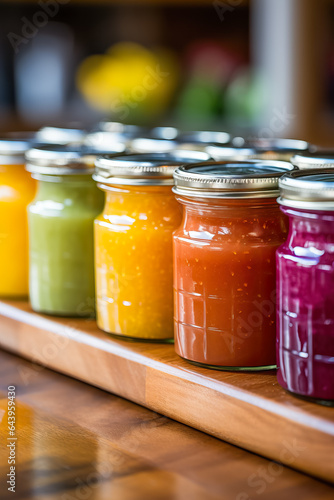 A close-up of colorful fruit purees in small jars ready to nurture and nourish growing little ones 