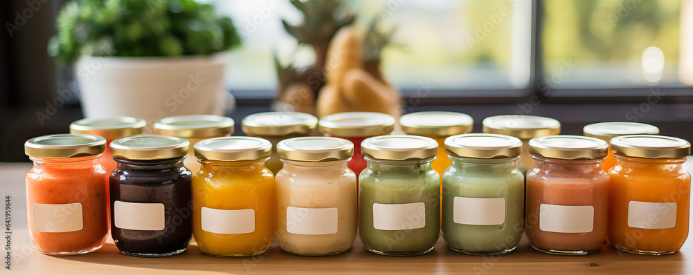 A close-up photo of neatly arranged labeled jars and containers filled with homemade baby food for convenient storage and organization A close-up photo of neatly arranged labeled jars and containers filled with homemade baby food for convenient storage and organization