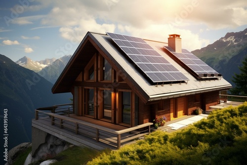 Mountain cabin with solar panels on wooden log cabin roof. Generative AI © Thomas