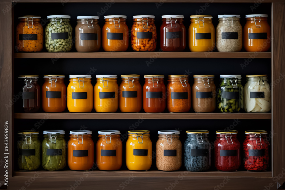 A neatly arranged pantry showcasing an assortment of labeled jars and containers filled with homemade baby food 