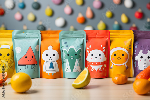 A close-up shot of a variety of creatively designed baby food pouches showcasing colorful labels and playful illustrations