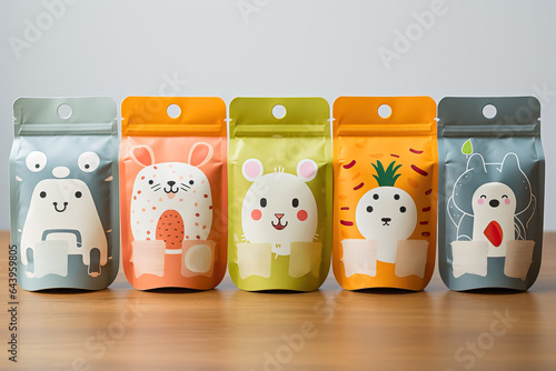 A close-up shot of a variety of creatively designed baby food pouches showcasing colorful labels and playful illustrations  photo