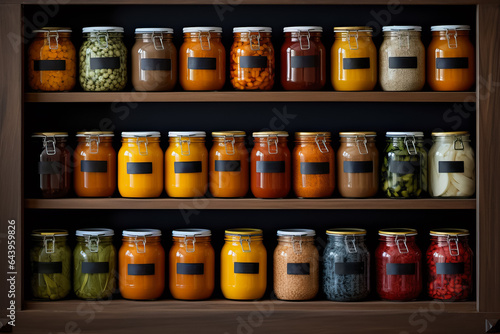 A neatly arranged pantry showcasing an assortment of labeled jars and containers filled with homemade baby food 