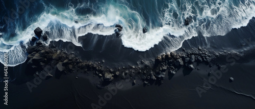 Czarna plaża - tło. Spienione morskie fale i kamienie. Dynamiczny krajobraz photo