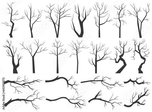 Tree trunk, naked plants with black leafless branch silhouettes isolated set on white background