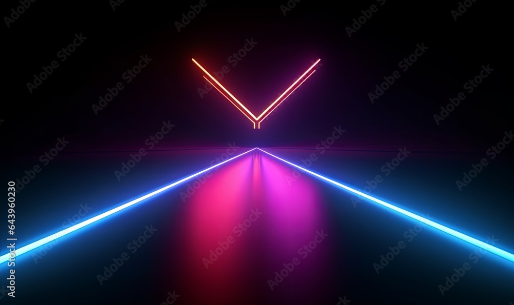 3d render, abstract minimalist geometric background. Glowing neon arrow points right, linear direction symbol, Generative AI - obrazy, fototapety, plakaty 