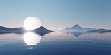 3d render, abstract minimalist background, nordic futuristic landscape, fantastic tranquil seascape with calm water, round mirror disk and pastel blue, Generative AI