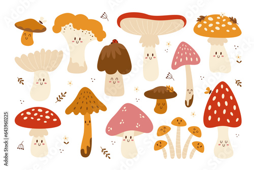 Different cute mushroom cartoon character with happy cheerful emotion isolated set on white photo